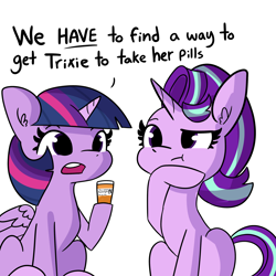 Size: 2250x2250 | Tagged: safe, artist:tjpones, part of a set, starlight glimmer, twilight sparkle, twilight sparkle (alicorn), alicorn, pony, unicorn, bottle, dialogue, duo, female, high res, hoof on chin, implied trixie, mare, medicine, simple background, sitting, white background