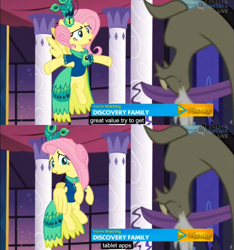 Size: 1600x1710 | Tagged: safe, edit, edited screencap, screencap, discord, fluttershy, pegasus, pony, make new friends but keep discord, bottomless, caption, clothes, comic, dress, featureless crotch, gala dress, meme, screencap comic, tablet, youtube caption