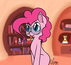 Size: 967x891 | Tagged: safe, artist:quarantinedchaoz, pinkie pie, earth pony, pony, cute, glasses, golden oaks library, library, sitting, solo, tongue out