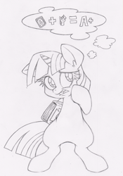 Size: 489x700 | Tagged: safe, artist:dfectivedvice, derpibooru import, twilight sparkle, a+, adorkable, book, cute, dork, grayscale, monochrome, pictogram, solo, thought bubble, traditional art