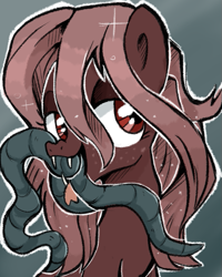 Size: 577x721 | Tagged: safe, artist:xsidera, derpibooru import, oc, oc only, oc:abiteth, monster pony, original species, pony, tatzlpony, brown fur, brown hair, fangs, female, forked tongue, freckles, mare, monster mare, open mouth, red eyes, solo, tentacles, tongue out