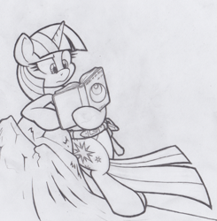 Size: 539x549 | Tagged: safe, artist:dfectivedvice, derpibooru import, twilight sparkle, book, grayscale, monochrome, reading, sketch, solo, traditional art