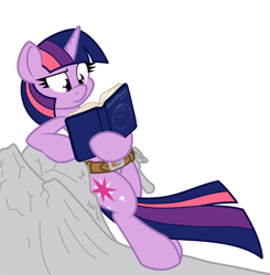 Size: 1178x1200 | Tagged: safe, artist:dfectivedvice, artist:xhazxmatx, derpibooru import, twilight sparkle, belt, book, colored, field study, geology, hammer, leaning, reading, simple background, solo, toolbelt, white background