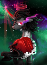 Size: 2400x3300 | Tagged: safe, artist:okapifeathers, derpibooru import, king sombra, pony, unicorn, crown, floppy ears, looking back, magic, solo, stars