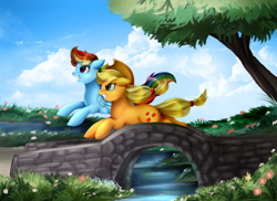 Size: 3509x2550 | Tagged: safe, artist:pridark, derpibooru import, applejack, rainbow dash, earth pony, pegasus, pony, bridge, commission, running