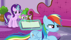 Size: 1280x720 | Tagged: safe, screencap, rainbow dash, spike, starlight glimmer, dragon, pegasus, pony, spoiler:deep tissue memories, spoiler:mlp friendship is forever, 9now, cute, dashabetes, deep tissue memories, rainbow dash is not amused, unamused