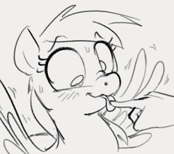 Size: 476x423 | Tagged: safe, artist:dotkwa, derpy hooves, human, pegasus, pony, blushing, hand, lineart, monochrome, offscreen character, sketch, sweat, tongue out