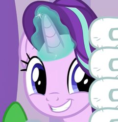 Size: 338x350 | Tagged: safe, edit, edited screencap, screencap, starlight glimmer, pony, unicorn, spoiler:deep tissue memories, spoiler:mlp friendship is forever, blue eyes, cropped, cute, deep tissue memories, female, glimmerbetes, glowing horn, grin, looking at someone, magic, mare, smiling, solo