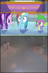 Size: 1920x2880 | Tagged: safe, edit, edited screencap, screencap, rainbow dash, spike, starlight glimmer, dragon, pegasus, pony, spoiler:deep tissue memories, bamboo, deep tissue memories, irl, james bond, movie, movie reference, photo, reference, smiling, surprised, water