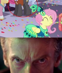 Size: 772x916 | Tagged: safe, dark moon, fluttershy, graphite, pokey pierce, swan dive, swan song, tree hugger, pegasus, pony, make new friends but keep discord, doctor who, image macro, meme, no sir all thirteen, twelfth doctor