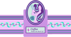 Size: 1024x539 | Tagged: safe, artist:rainspeak, starlight glimmer, pony, unicorn, coffee, cutie mark, female, glowing horn, horn, label, mare, mug, simple background, solo, transparent background, unamused