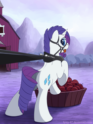 Size: 1500x2000 | Tagged: safe, artist:fynjy-87, rarity, pony, unicorn, barn, basket, bit, bondage, bridle, dock, fetish, horse collar, looking back, rearing, reins, solo, sweet apple acres, tack, tongue out