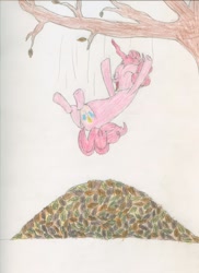 Size: 2550x3501 | Tagged: safe, artist:j4m35c, pinkie pie, earth pony, pony, autumn, leaf pile, leaves, pile, solo, traditional art, tree