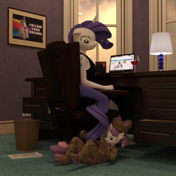 Size: 2000x2000 | Tagged: safe, artist:tahublade7, princess celestia, rarity, sweetie belle, anthro, plantigrade anthro, 3d, alcohol, alternative cutie mark placement, annoyed, barefoot, behaving like a cat, cat costume, clothes, computer, daz studio, feet, female, filly, kitty belle, laptop computer, playing, shoulder cutie mark, the burdened, wine, wine glass