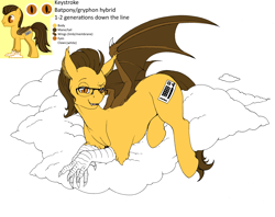 Size: 5000x3955 | Tagged: safe, artist:longinius, edit, oc, oc only, oc:keystroke, hybrid, cloud, fangs, glasses, looking at you, reference sheet, smiling, smirk, wings