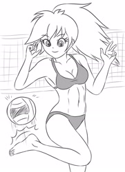 Size: 1653x2283 | Tagged: safe, artist:sumin6301, derpibooru import, rainbow dash, human, armpits, ball, belly button, bikini, clothes, female, humanized, lineart, midriff, monochrome, smiling, solo, sports, swimsuit, volleyball