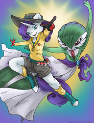 Size: 923x1200 | Tagged: safe, artist:kaemantis, rarity, anthro, unguligrade anthro, armpits, clothes, crossover, gardevoir, gloves, hat, hoof boots, implied lesbian, implied rarijack, jewelry, necklace, nintendo, open mouth, pokéball, pokémon, shorts, trainer