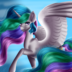 Size: 2880x2880 | Tagged: safe, artist:crazyaniknowit, princess celestia, alicorn, pony, cloud, flying, looking at you, realistic hair, solo, spread wings