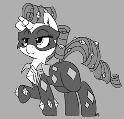 Size: 1280x1225 | Tagged: safe, artist:pabbley, radiance, rarity, pony, unicorn, power ponies (episode), monochrome, power ponies, raised hoof, simple background, solo