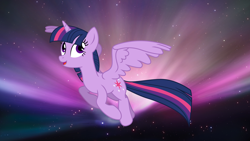 Size: 2560x1440 | Tagged: safe, artist:theshadowstone, derpibooru import, twilight sparkle, twilight sparkle (alicorn), alicorn, pony, flying, solo, wallpaper