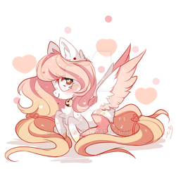 Size: 600x600 | Tagged: safe, artist:ipun, oc, oc only, pegasus, pony, bell, bell collar, blushing, clothes, collar, female, heart, heart eyes, mare, prone, simple background, socks, solo, stockings, thigh highs, white background, wingding eyes