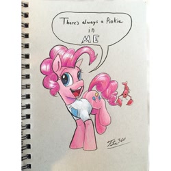 Size: 1280x1280 | Tagged: safe, artist:tsitra360, pinkie pie, lobster, pony, balancing, clothes, dialogue, open mouth, raised leg, shirt, smiling, solo, traditional art