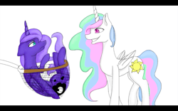 Size: 1440x900 | Tagged: safe, artist:emptyblackdeath, princess celestia, princess luna, alicorn, pony, butterfly net, floppy ears, grin, luna is not amused, pun, royal sisters, simple background, smiling, unamused