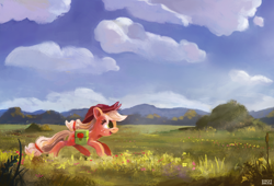 Size: 2000x1359 | Tagged: safe, artist:ajvl, applejack, earth pony, pony, field, saddle bag, scenery, solo