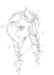 Size: 2550x3507 | Tagged: safe, artist:longinius, derpibooru import, fluttershy, butterfly, pegasus, pony, alternate hairstyle, bow, braid, bust, female, flower, flower in hair, grayscale, hair ornament, jewelry, lidded eyes, mare, monochrome, portrait, profile, smiling, solo