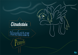 Size: 700x491 | Tagged: safe, alternate version, artist:quint-t-w, derpy hooves, pegasus, pony, cloud, flying, gradient background, hoof on chin, minimalist, modern art, old art, redraw, road sign, solo