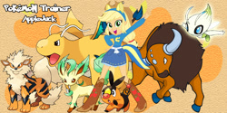 Size: 800x400 | Tagged: safe, artist:lightdegel, applejack, equestria girls, arcanine, celebi, dragonite, leafeon, pokémon, tauros, tepig