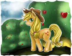 Size: 505x392 | Tagged: safe, artist:denine thode, applejack, earth pony, pony, applejack's hat, blonde, blonde mane, blonde tail, female, green eyes, mare, orange coat, solo