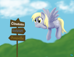 Size: 700x537 | Tagged: safe, alternate version, artist:quint-t-w, derpy hooves, pegasus, pony, cloud, flying, hoof on chin, old art, redraw, road sign, solo