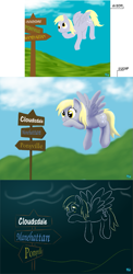 Size: 435x888 | Tagged: safe, alternate version, artist:quint-t-w, derpy hooves, pegasus, pony, 2011, 2017, artist progress, cloud, comparison, draw this again, flying, hoof on chin, minimalist, modern art, old art, redraw, road sign, solo