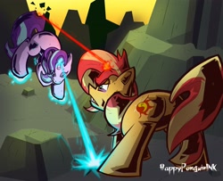 Size: 4096x3328 | Tagged: safe, artist:happypenguinink, starlight glimmer, sunset shimmer, pony, unicorn, fight, glowing horn, horn, laser, levitation, magic, telekinesis