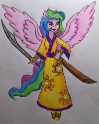 Size: 2004x2523 | Tagged: safe, artist:bozzerkazooers, princess celestia, principal celestia, equestria girls, ambiguously asian robe, clothes, ponied up, scimitar, solo, sword, traditional art, weapon