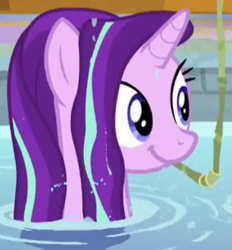 Size: 304x327 | Tagged: safe, screencap, starlight glimmer, unicorn, spoiler:deep tissue memories, spoiler:mlp friendship is forever, cropped, cute, deep tissue memories, glimmerbetes, long hair, smiling, wet hair, wet mane, wet mane starlight glimmer