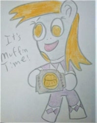Size: 794x1007 | Tagged: safe, artist:dex stewart, derpy hooves, anthro, pegasus, pony, food, it's muffin time, mighty morphin power rangers, morpher, muffin, pink ranger, power rangers, solo, traditional art