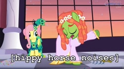 Size: 960x535 | Tagged: safe, screencap, fluttershy, tree hugger, pegasus, pony, make new friends but keep discord, caption, descriptive noise, hippie horse noises, horse noises, image macro, meme, roflbot, wavy mouth