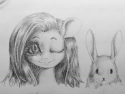 Size: 1024x768 | Tagged: safe, artist:unousaya, angel bunny, fluttershy, pegasus, pony, grayscale, monochrome, traditional art