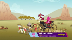 Size: 1275x709 | Tagged: safe, screencap, cherry jubilee, pinkie pie, earth pony, pony, party pooped, carriage, desert, preview, trailer