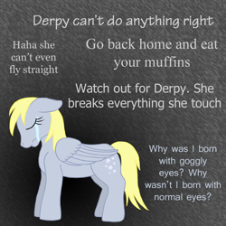 Size: 1100x1100 | Tagged: safe, artist:chili19, derpy hooves, pegasus, pony, abstract background, crying, derpygate, eyes closed, female, mare, misspelling, sad, text, verbal abuse