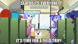 Size: 889x500 | Tagged: safe, screencap, dj pon-3, drama letter, flash sentry, princess celestia, princess luna, principal celestia, rarity, vice principal luna, vinyl scratch, watermelody, equestria girls, legend of everfree, bus, caption, image macro, magic school bus, meme