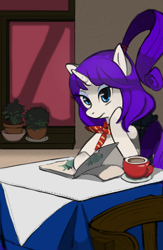 Size: 2140x3285 | Tagged: safe, artist:white-pilled, rarity, pony, unicorn, chair, cup, menu, sitting, solo, table