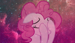 Size: 1336x768 | Tagged: safe, pinkie pie, earth pony, pony, facehoof, solo, space, wallpaper