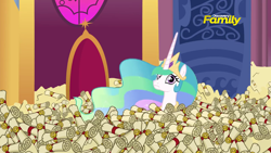 Size: 1280x720 | Tagged: safe, screencap, princess celestia, alicorn, pony, 28 pranks later, adorable distress, big ol' pile o' scrolls, cute, cutelestia, discovery family logo, female, frown, jewelry, looking at you, mare, peytral, regalia, solo, spam, this will end in tears and/or a journey to the moon, wide eyes