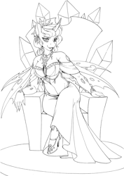 Size: 3471x4891 | Tagged: safe, artist:longinius, oc, oc only, oc:queen polistae, anthro, changeling, changeling queen, anthro oc, bracelet, breasts, changeling oc, changeling queen oc, cleavage, clothes, crystal, dress, female, high heels, jewelry, looking at you, necklace, regalia, shoes, solo, throne