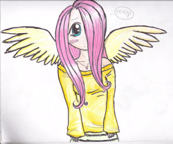 Size: 2681x2237 | Tagged: safe, artist:yo-yo-girl12, fluttershy, human, clothes, humanized, off shoulder, simple background, solo, sweater, sweatershy, white background