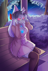 Size: 3145x4658 | Tagged: safe, artist:hakkids2, oc, oc only, anthro, unicorn, anthro oc, bench, bow, clothes, dress, female, glasses, glowing eyes, hair bow, jacket, mare, open mouth, park, sitting, socks, solo, stockings, thigh highs, tree, ych result