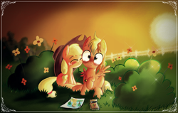 Size: 1641x1044 | Tagged: safe, artist:ruhisu, applejack, oc, oc:brave wing, earth pony, pegasus, pony, blank flank, blushing, bush, canon x oc, colt, cowboy hat, drawing, female, filly, friendship, hat, male, sitting, smiling, sunset